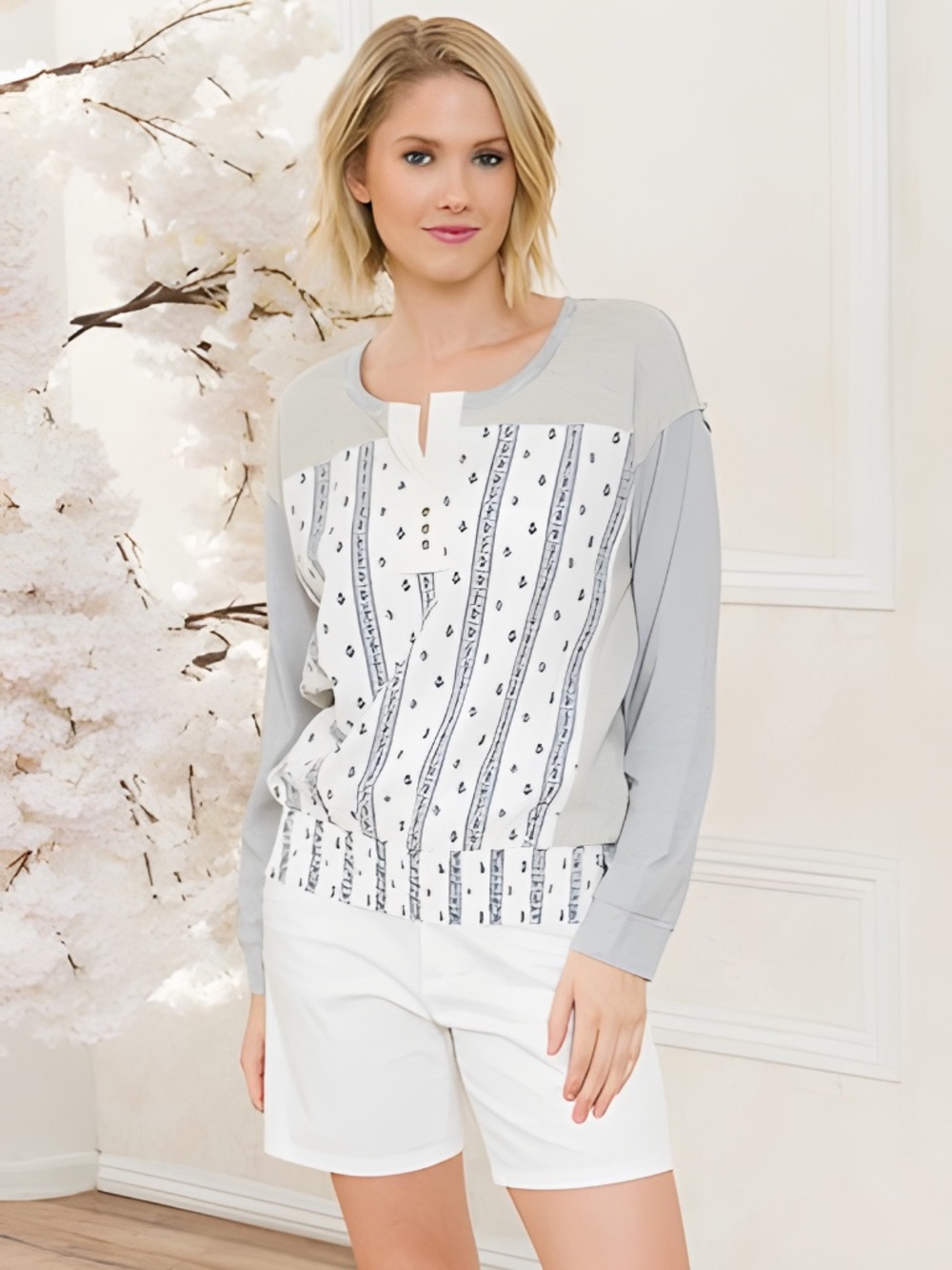 Mystree Woven Print Front Terry Pullover Long Sleeve Top